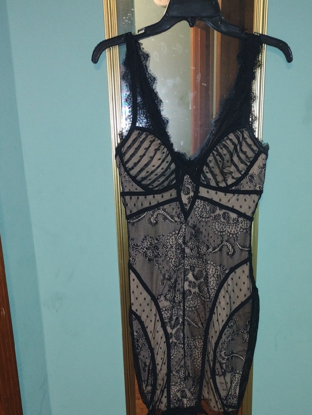 bebe Black Sheer Lace Chemise with Scalloped Straps